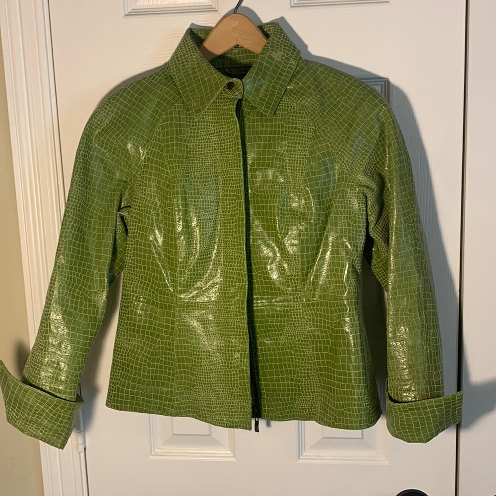 EUC Croc embossed olive leather moto jacket size S